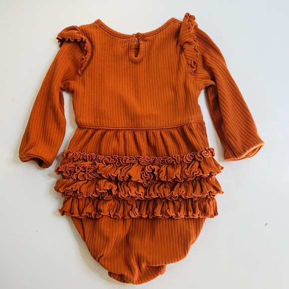 Ruffle Butts Knit Long Sleeve Flutter Bubble Romper Ribbed Rust Orange 12-18 M - Picture 4 of 6